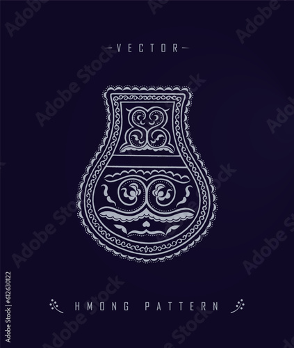 Vector illustration of white Chinese Hmong pattern with floral elements on dark blue background