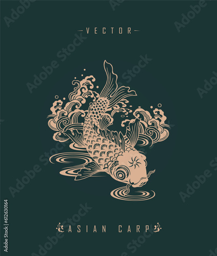 Vector illustration of an ornamental logo of Asian symbol carp isolated on pastel grayish background