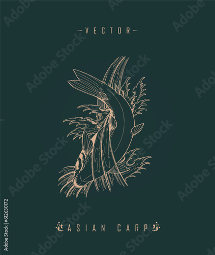 Vector illustration of an ornamental logo of Asian symbol carp isolated on pastel grayish background © Kitou L/Wirestock Creators