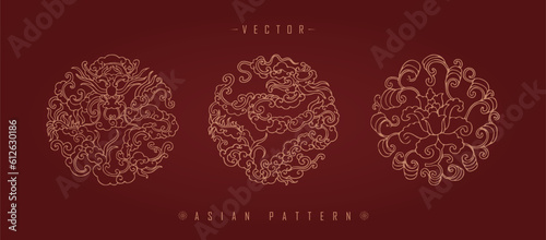 Vector illustration set of three traditional Chinese decorative patterns with floral elements