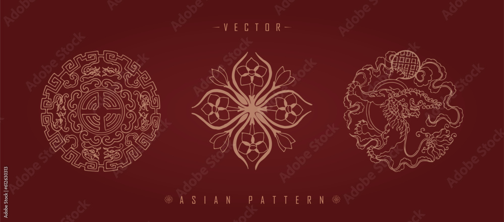 Vector illustration of Asian traditional decorative patterns on a burgundy background