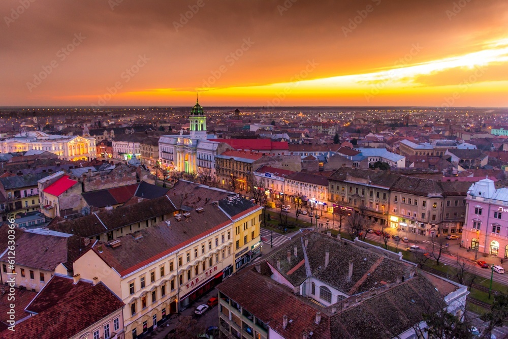 High-angle of sunset view above the center of Arad city, Romania