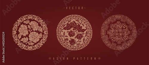 Vector illustration of Asian traditional decorative patterns with floral elements