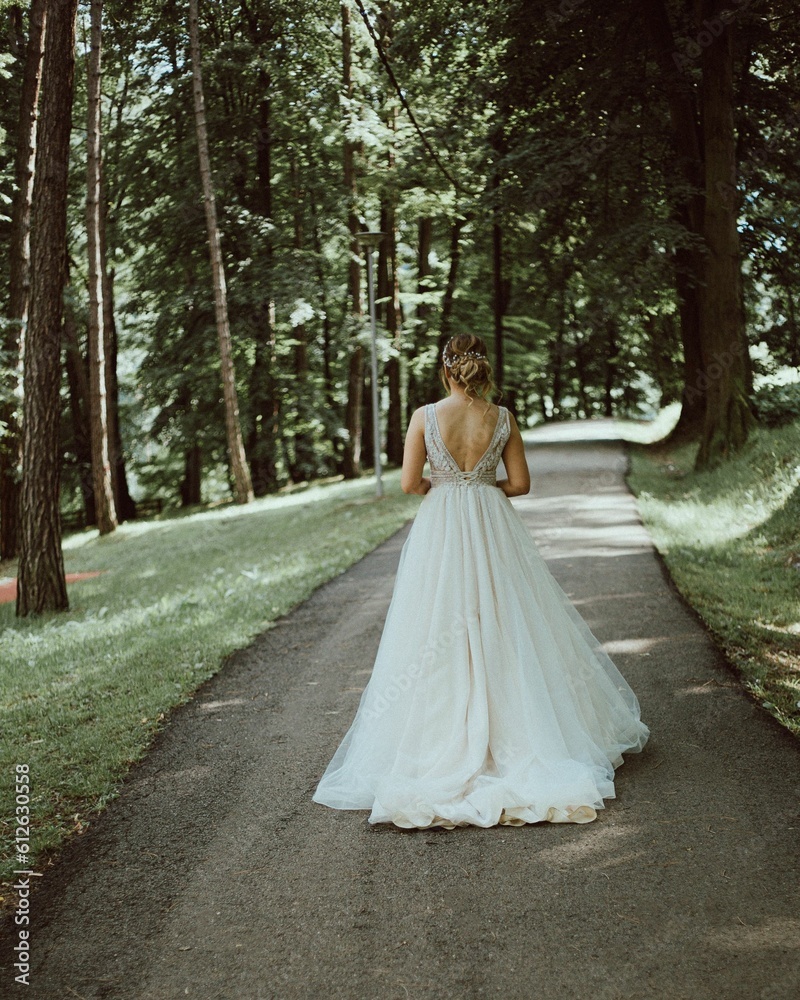 Rear of a bride on the trail in the forest, sunlit trees blurred background Rear of a bride on the trail in the forest, sunlit trees blurred background