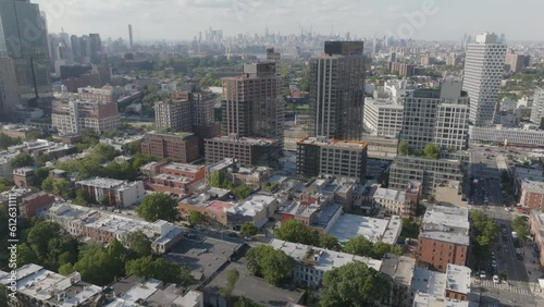 Flying over a Brooklyn neighborhood toward the East River photo