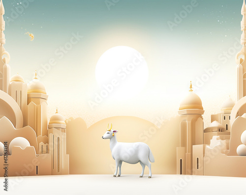 Sheep or Goat Eid Al Adha Background poster, 3D render illustration with mosque
