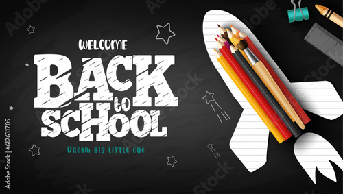 Back to school text vector design. Paper rocket with color pencil and brush elements in blackboard background. Vector illustration back to school typography greeting.