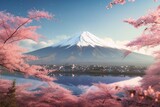 Tourist attraction Mount Fuji and cherry blossoms near Lake Yamanaka in Yamanashi Prefecture Japan
