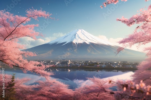 Tourist attraction Mount Fuji and cherry blossoms near Lake Yamanaka in Yamanashi Prefecture Japan