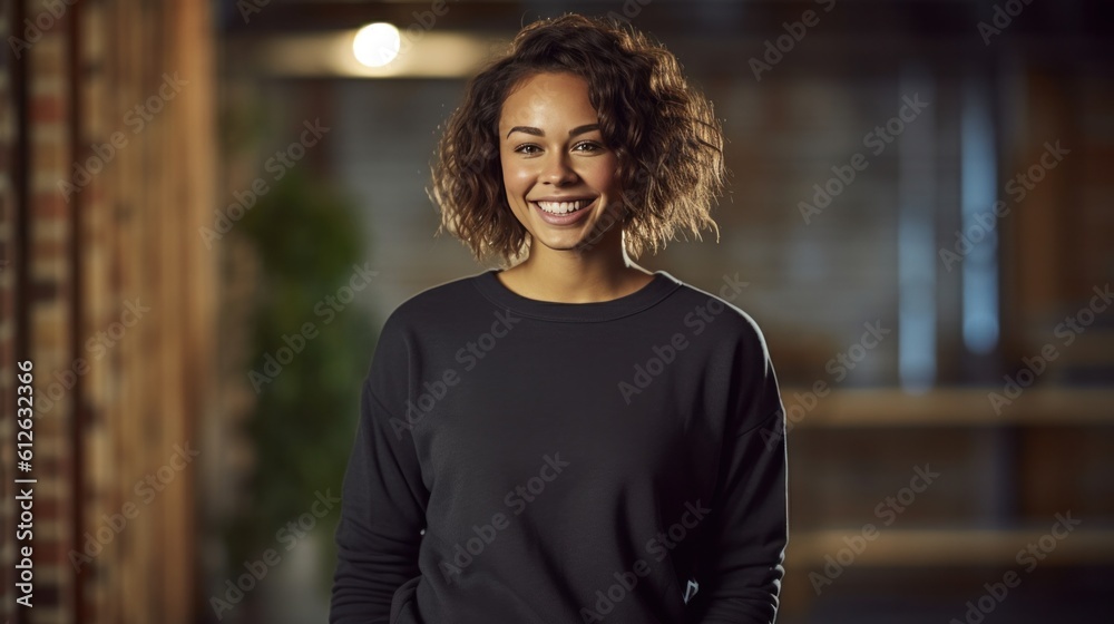 Smiling young woman wearing black sweatshirt. Generative AI.