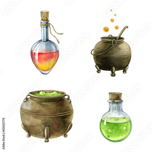 Potion and witch pot hand drawn set. Watercolor painted illustration. Witchcraft and wizardry collection element. Potions, witch pots with liquid set on white background photo