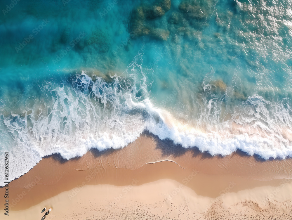 Beautiful top view drone shot of ocean waves on the beach. Waves over the sand top view. Generative AI.