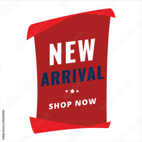 Digital render of a red new arrival shop now banner isolated on a white background