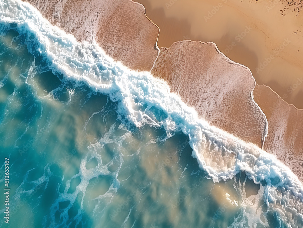 Beautiful top view drone shot of ocean waves on the beach. Waves over the sand top view. Generative AI.