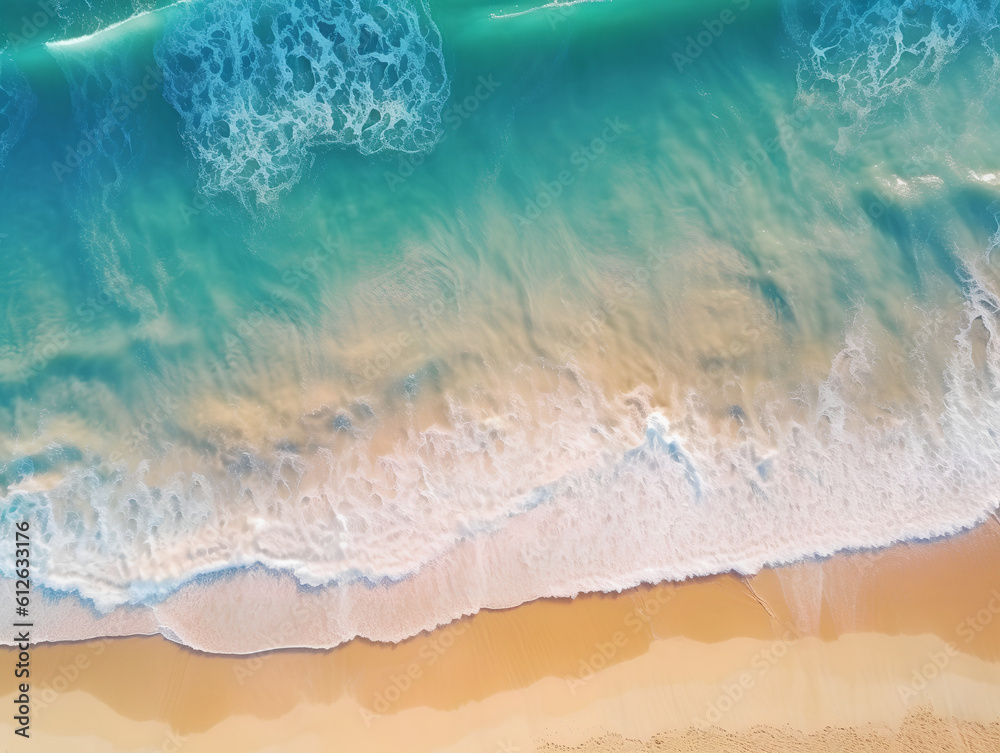 Beautiful top view drone shot of ocean waves on the beach. Waves over the sand top view. Generative AI.