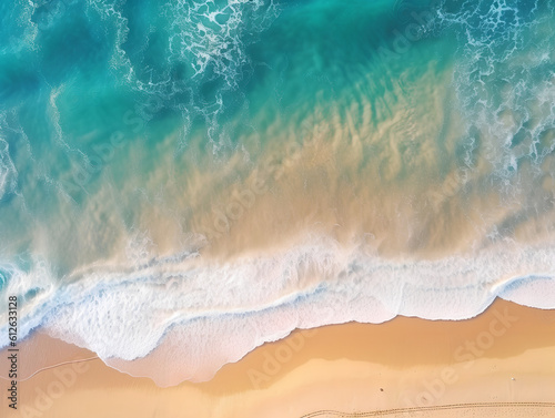 Obraz na płótnie Beautiful top view drone shot of ocean waves on the beach. Waves over the sand top view. Generative AI. w salonie