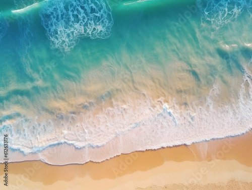 Obraz na płótnie Beautiful top view drone shot of ocean waves on the beach. Waves over the sand top view. Generative AI. w salonie