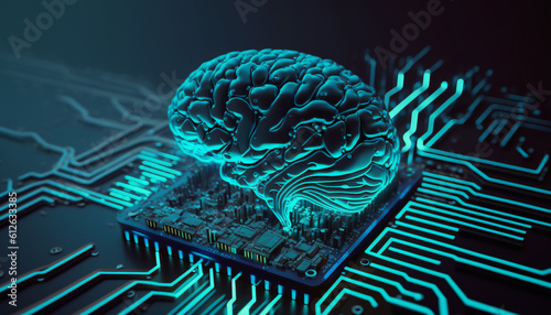 A Virtual Brain up on neon teal circuit board, focus on the Brain, the background is bokeh a beautiful landscape. made with generative AI