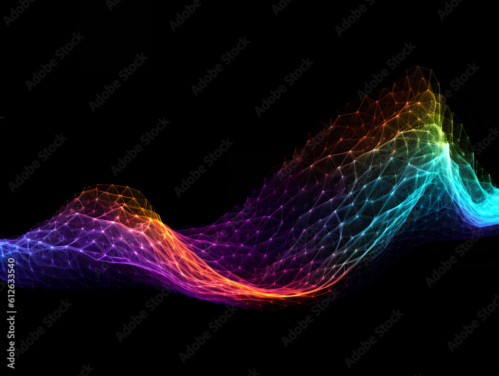 Abstract colorful neon light net waves traveling at highspeed. Rainbow futuristic net waving in space time background. Generative AI.