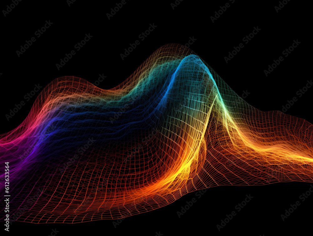 Abstract colorful neon light net waves traveling at highspeed. Rainbow futuristic net waving in space time background. Generative AI.