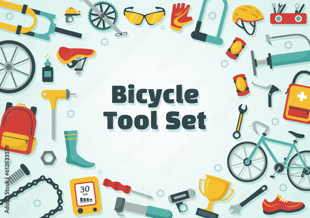 Cycling and Bicycle Tool Set Vector Illustration of a Mechanic Repairing Bicycles in a Workshop with Spare Parts in Flat Cartoon Hand Drawn Template Cycling and Bicycle Tool Set Vector Illustration of a Mechanic Repairing Bicycles in a Workshop with Spare Parts in Flat Cartoon Hand Drawn Template