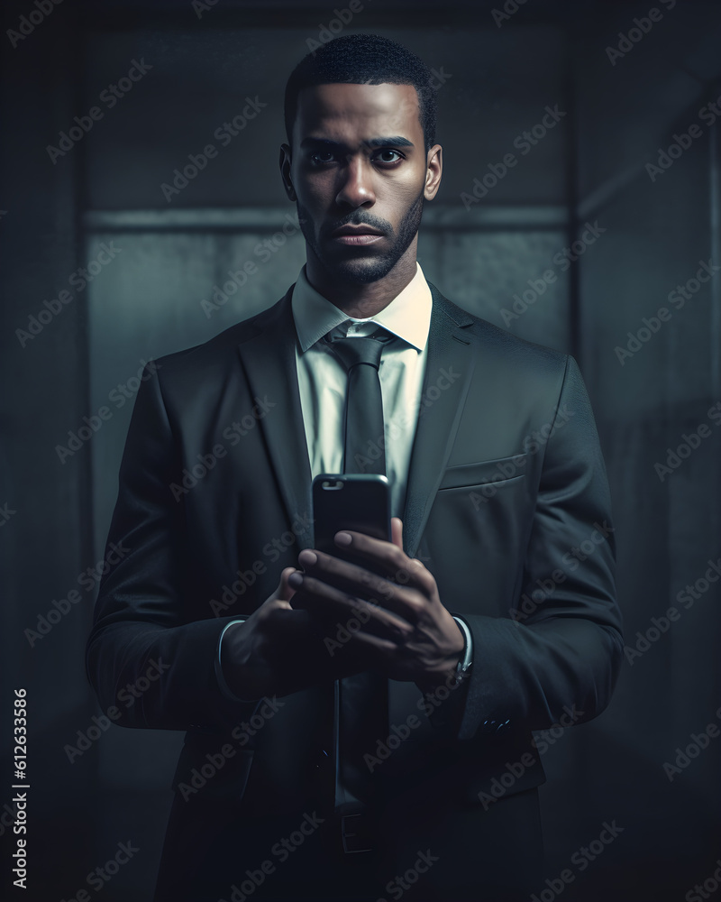 A focused and serious businessman, impeccably dressed in a black suit and tie, firmly holds a smartphone with both hands, engaged in crucial digital communication. Generative AI.