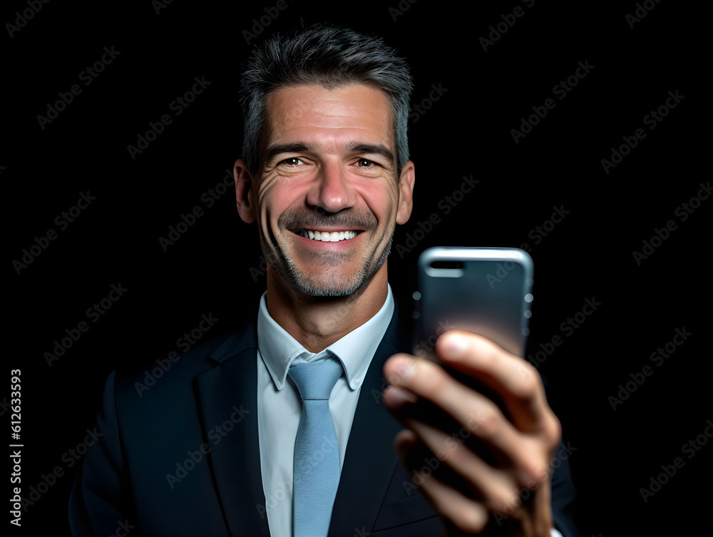Happy smiling businessman, dressed in a black suit and tie, firmly holds a smartphone with both hands, engaged in crucial digital communication. Generative AI.