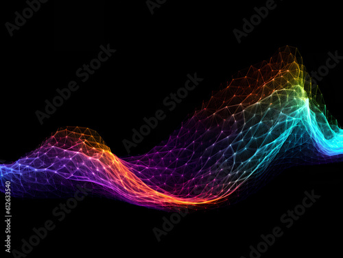 Obraz na płótnie Abstract colorful neon light net waves traveling at highspeed. Rainbow futuristic net waving in space time background. Generative AI. w salonie