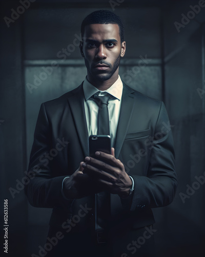A focused and serious businessman, impeccably dressed in a black suit and tie, firmly holds a smartphone with both hands, engaged in crucial digital communication. Generative AI.