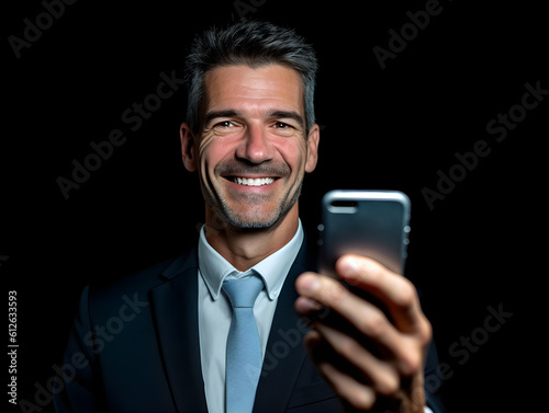 Obraz na płótnie Happy smiling businessman, dressed in a black suit and tie, firmly holds a smartphone with both hands, engaged in crucial digital communication. Generative AI. w salonie
