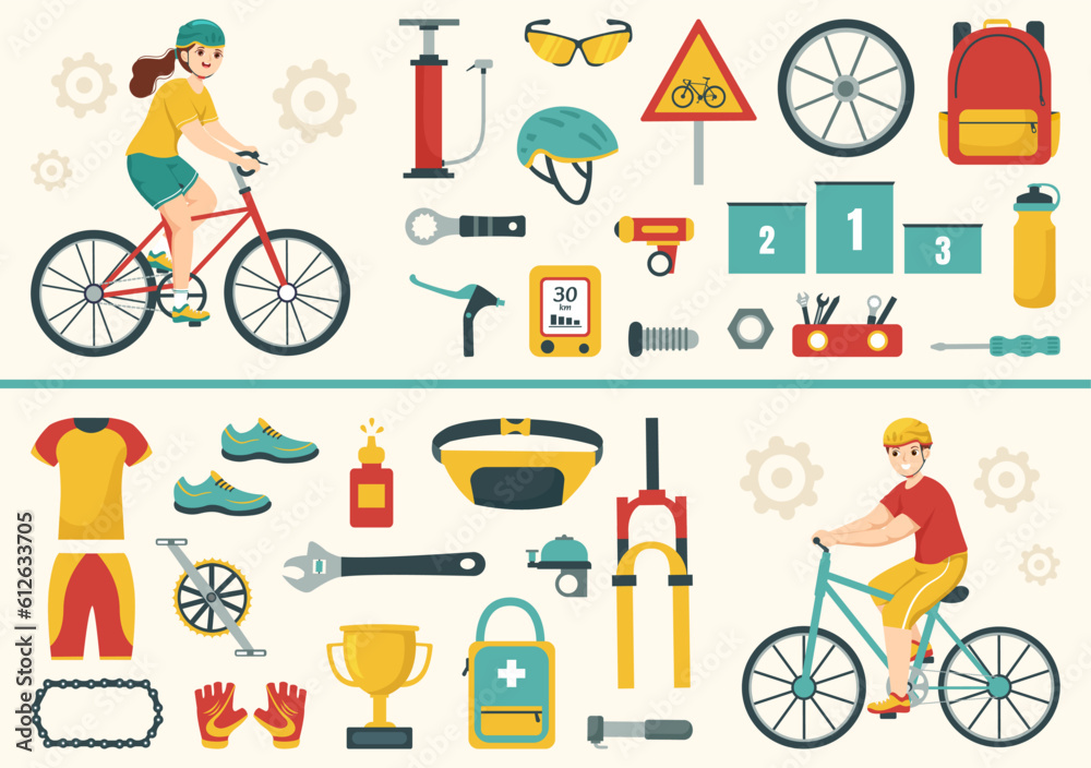 Cycling and Bicycle Tool Set Vector Illustration of a Mechanic Repairing Bicycles in a Workshop with Spare Parts in Flat Cartoon Hand Drawn Template Cycling and Bicycle Tool Set Vector Illustration of a Mechanic Repairing Bicycles in a Workshop with Spare Parts in Flat Cartoon Hand Drawn Template