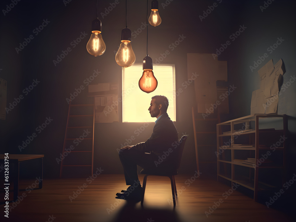 Innovative businessman conceiving a novel idea, immersed in his toughts. Businessman sitting side view with a lamp simbolizing an idea. Generative AI.