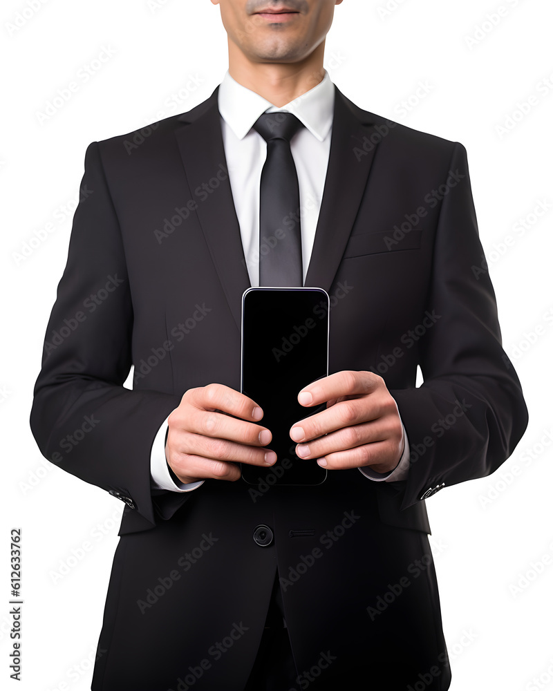 Businessman dressed in a suit and tie, well dressed, holding a smartphone with both hands isolated on white background. Generative AI.