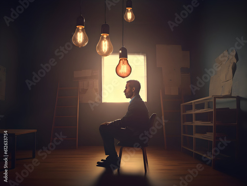 Obraz na płótnie Innovative businessman conceiving a novel idea, immersed in his toughts. Businessman sitting side view with a lamp simbolizing an idea. Generative AI. w salonie