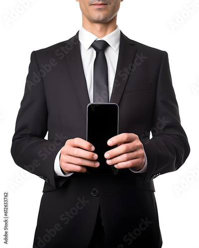 Obraz na płótnie Businessman dressed in a suit and tie, well dressed, holding a smartphone with both hands isolated on white background. Generative AI. w salonie