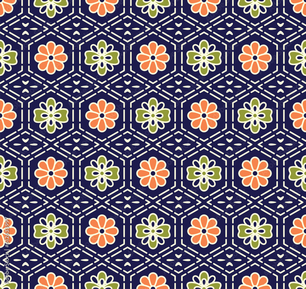 Japanese Flower Hexagon Mosaic Vector Seamless Pattern
