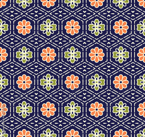 Japanese Flower Hexagon Mosaic Vector Seamless Pattern