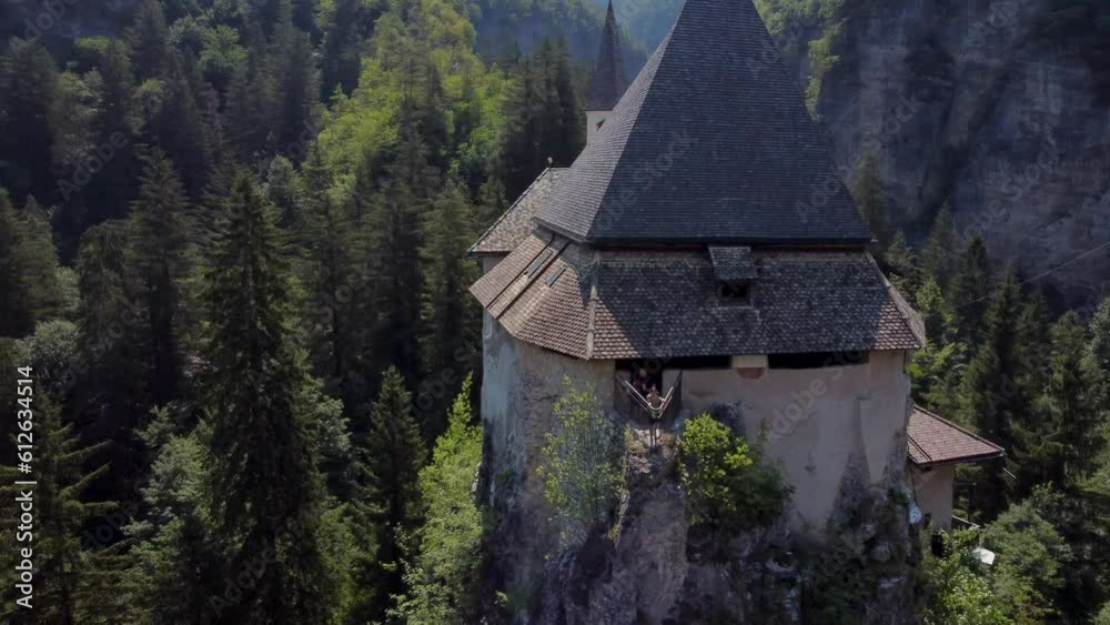 Aerial video of an old building of Sanctuary of San Romedio, Italy