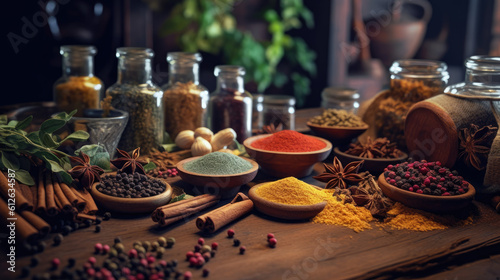 Spices and herbs on wooden background. Generative AI