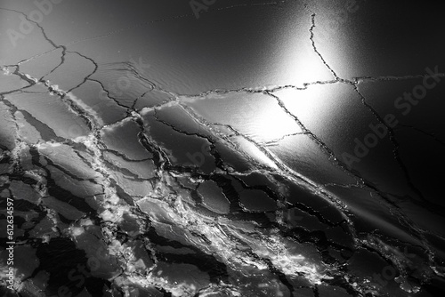 Billede på lærred Grayscale shot of the texture of cracked frozen water surrface