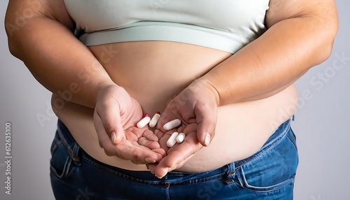 Obraz na płótnie Fat woman holding diabetes medicine pills in front of her belly. Generative AI. w salonie