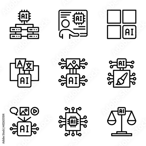 Artificial Intelligent generated line icons set. automation, brain, robot, content, innovation, chat, engineer, learning, process, analysis, video, media, network, science