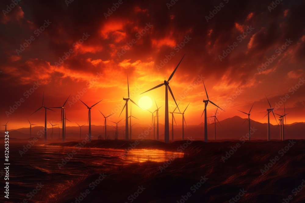 Wind turbines farm at beautiful orange sunset. Generative AI