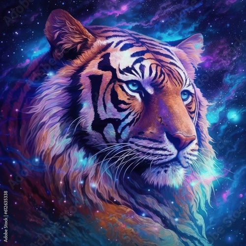 a tiger with colorful stars in the background Generative Ai