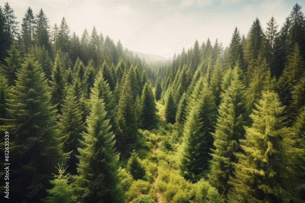 Healthy green trees in a forest of old spruce, fir and pine trees in wilderness of a national park. Sustainable industry, ecosystem and healthy environment concepts and background. Healthy green trees in a forest of old spruce, fir and pine trees in wilderness of a national park. Sustainable industry, ecosystem and healthy environment concepts and background.