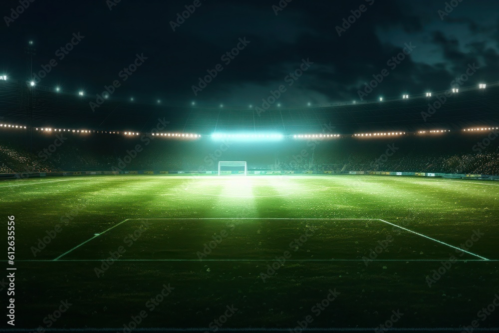 A cinematic scene featuring a vibrant green soccer field illuminated by bright spotlights, creating a captivating ambiance. Generative AI