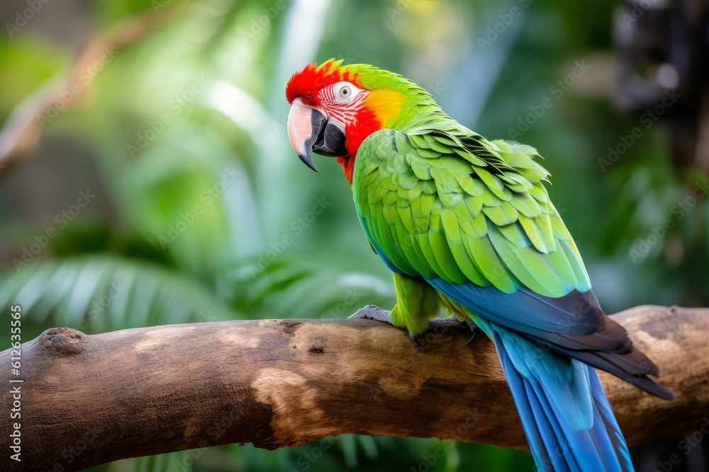 Green parrot Great-Green Macaw, Ara ambigua. Wild rare bird in the nature habitat, sitting on the branch in Costa Rica. Generative AI
