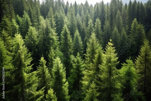 Healthy green trees in a forest of old spruce, fir and pine trees in wilderness of a national park. Sustainable industry, ecosystem and healthy environment concepts and background.