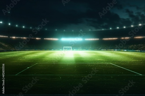 A cinematic scene featuring a vibrant green soccer field illuminated by bright spotlights, creating a captivating ambiance. Generative AI