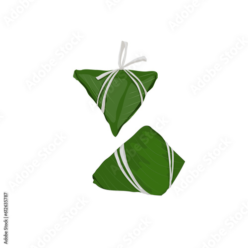 zongzi, dragon boat festival food.Chinese food culture, sticky rice dumplings wrapped in bamboo leaves, triangles zongzi not steamed yet on white background. Asian recipe vector drawing illustration.